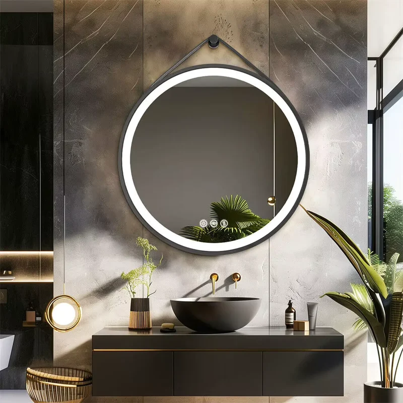 Miroir Salle de Bain Noir Lumineux : Rond 70 cm à Sangle