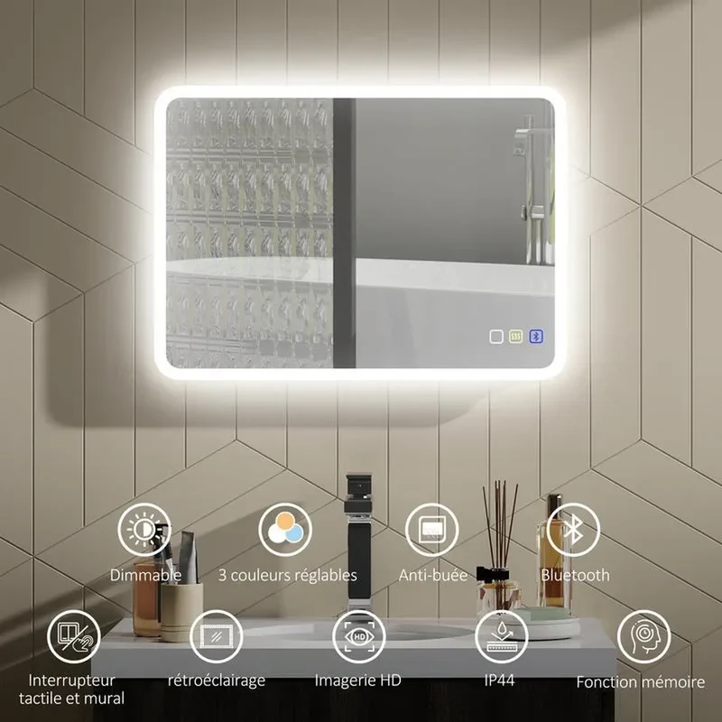 Miroir 50x70 LED : Enceinte Bluetooth, Antibuée, Mémoire