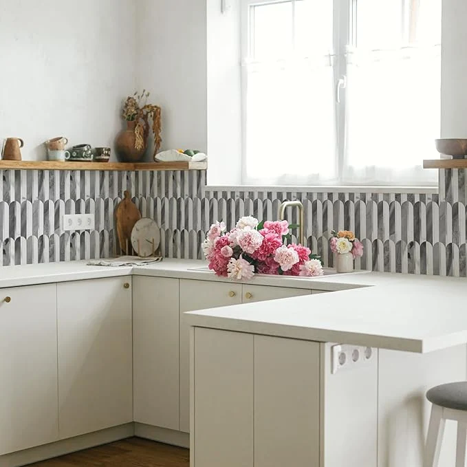 Mosaic Eventail Allongé BLANC GRIS Or/Marbré — 266×300mm