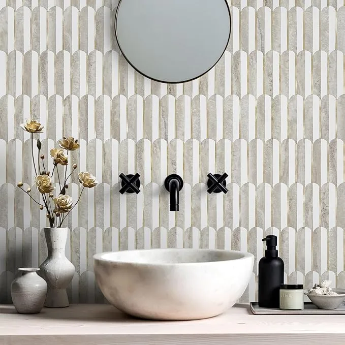 Mosaic Eventail Allongé BLANC ROSE Or/Marbré — 266×300mm