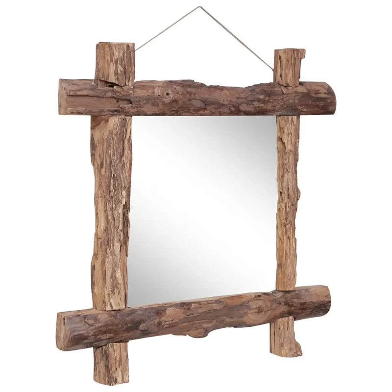 Miroir Teck Recyclé 70x70 cm Cadre Bois Brut Style Rustique