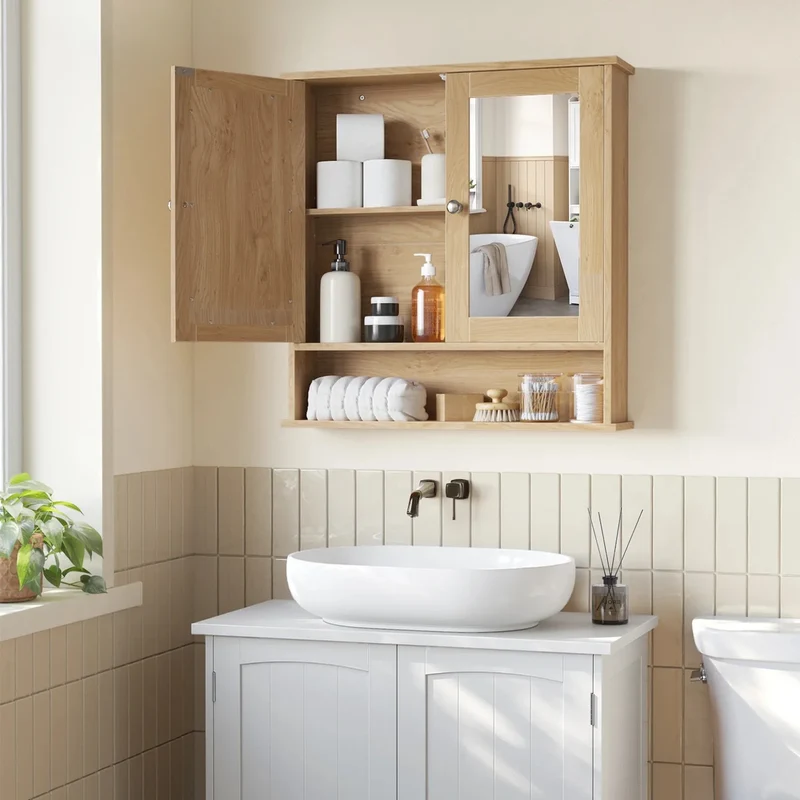 Miroir Salle de Bain avec Rangement : Chêne, 2 Portes