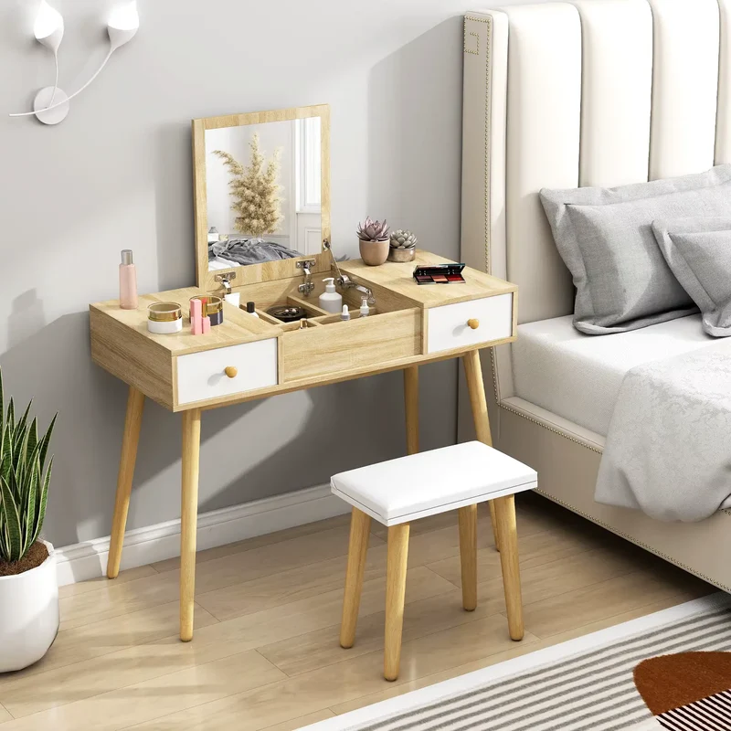Coiffeuse Bureau Convertible, Miroir Rabattable et Pieds Pin Massif