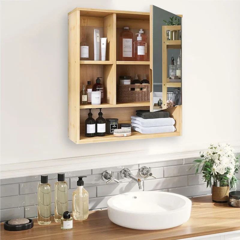 Armoire Salle de Bain Bambou 55 cm avec Porte Miroir HD