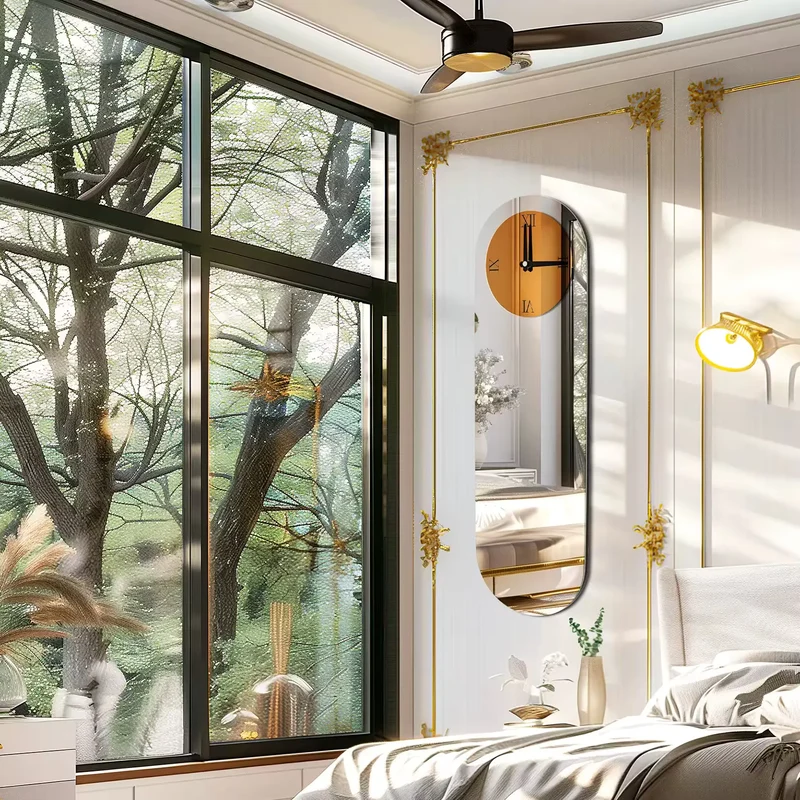 Miroir Mural Pour Salon avec Horloge – Design Vertical en Verre Bicolore