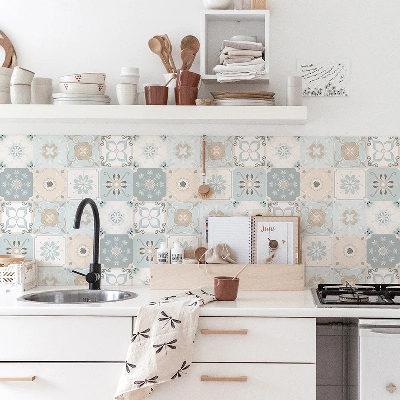 Papier peint vinyle autocollant motif carreaux menthe vintage 50 x 300 cm