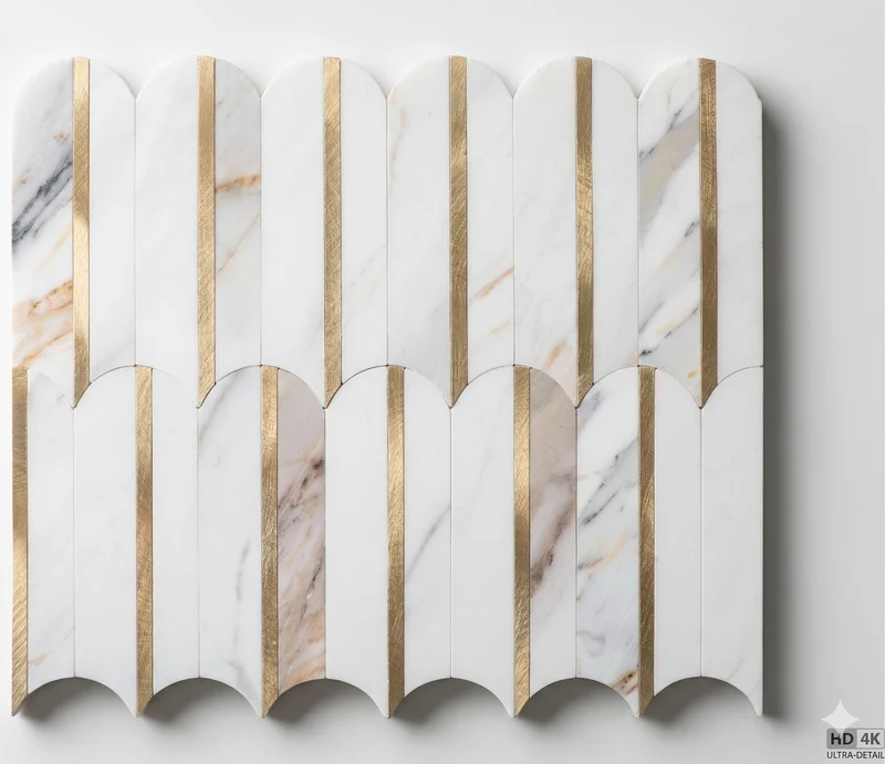 Mosaic Eventail Allongé BLANC Or/Marbré — 265×303mm