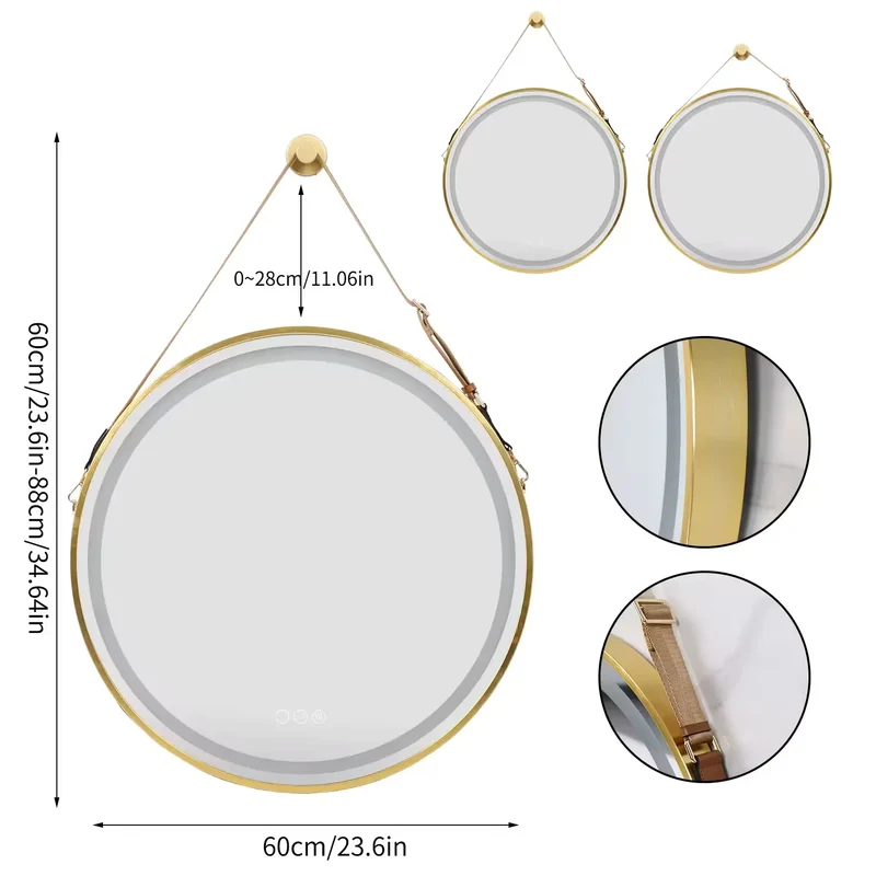 Miroir LED Rond Doré : Ø 60 ou 80 cm, Sangle Réglable