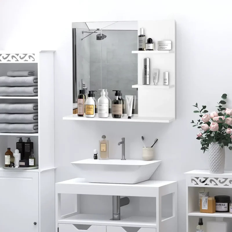 Miroir Salle de Bain avec Rangement : 3 Étagères, Blanc