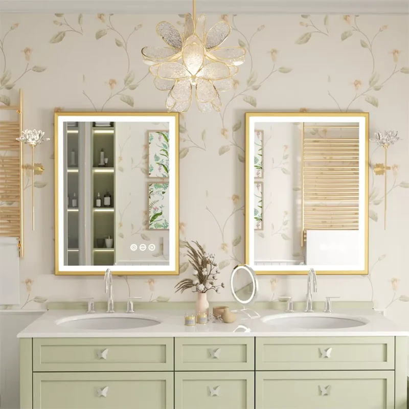 Miroir Salle de Bain 80x60 : Cadre Doré Fin, LED, Prise