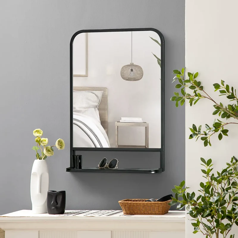 Miroir Métal Industriel avec Étagère 50x70 cm – Design Mural Fonctionnel et Épuré
