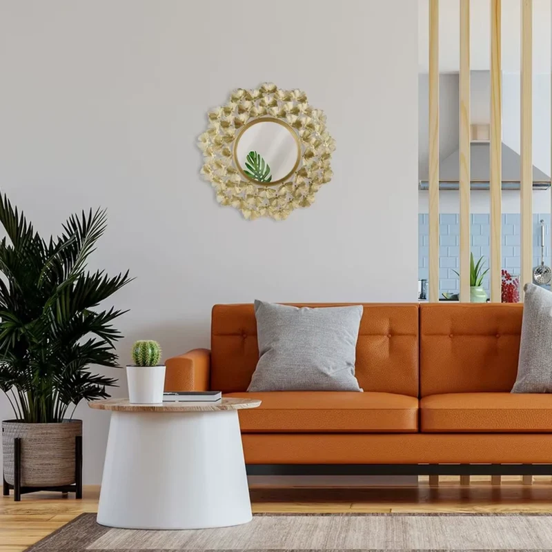 Miroir Rond Doré Design – Déco Murale Inspirée du Ginkgo
