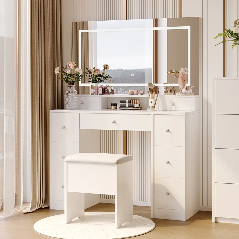 Coiffeuse Miroir LED Hollywood avec 9 Tiroirs et Tabouret