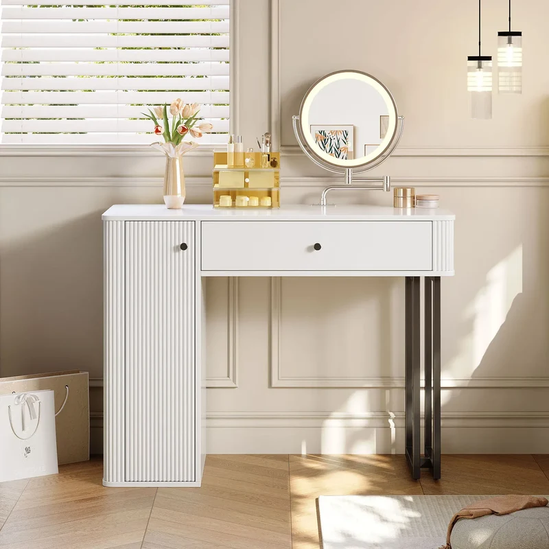 Coiffeuse avec Miroir LED Rond Orientable et Rangements