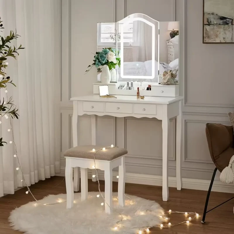 Coiffeuse 3 Miroirs LED Triptyque Blanc, Tabouret Inclus
