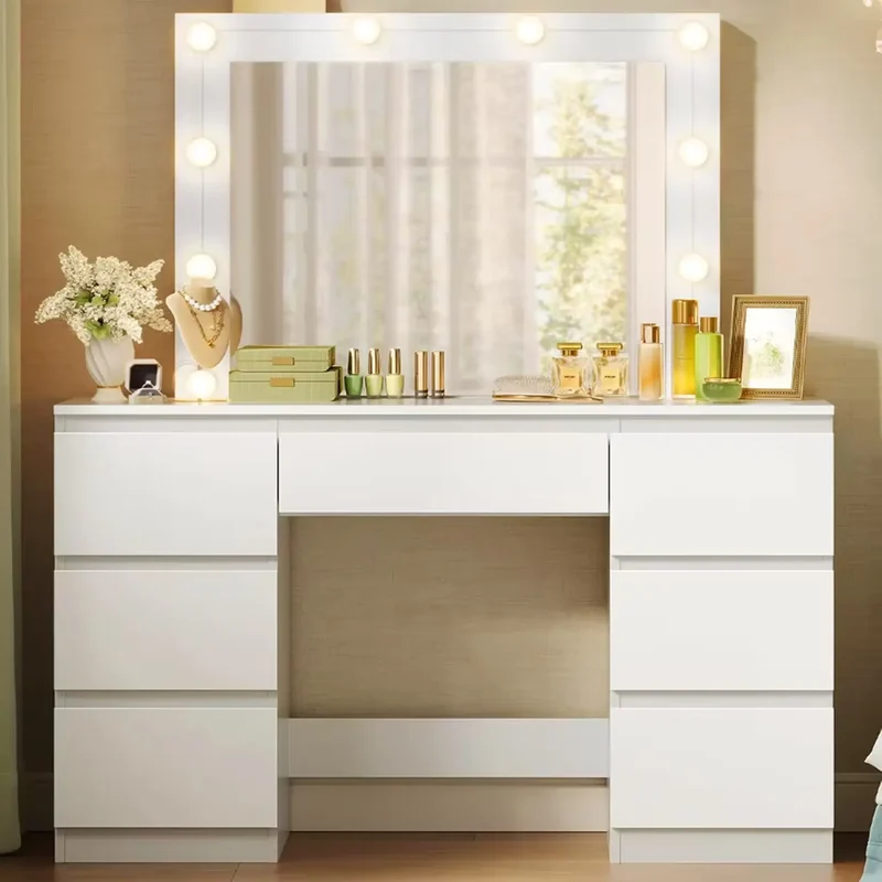 Coiffeuse avec Grand Miroir et Éclairage LED – Confort, Praticité et Rangement au Quotidien