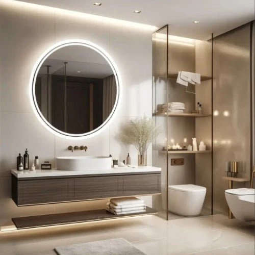 Miroir Rond LED 80 cm : Météo, Heure, Bluetooth, x5