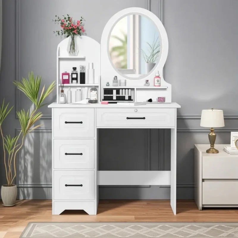 Miroir Coiffeuse LED Ovale 48x66 cm, 4 Tiroirs et Étagères