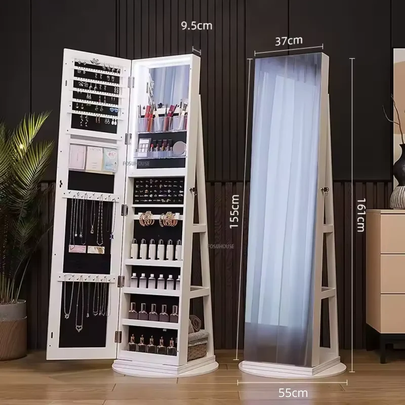 Miroir armoire à bijoux rotatif avec lumière et serrure