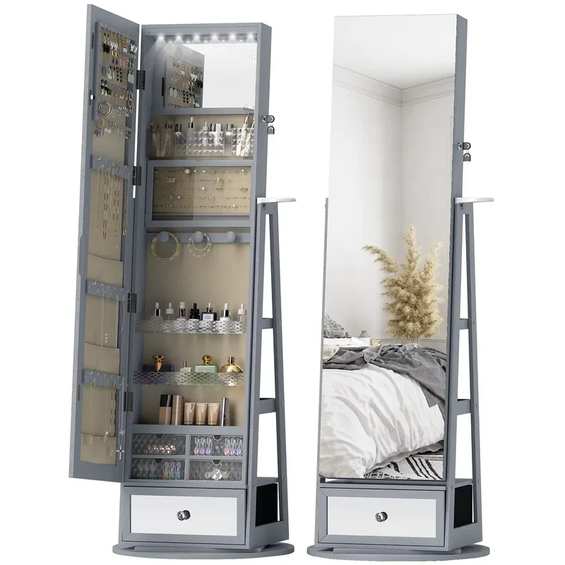 Armoire à Bijoux Miroir sur Pied avec Éclairage LED et Base Rotative 360°