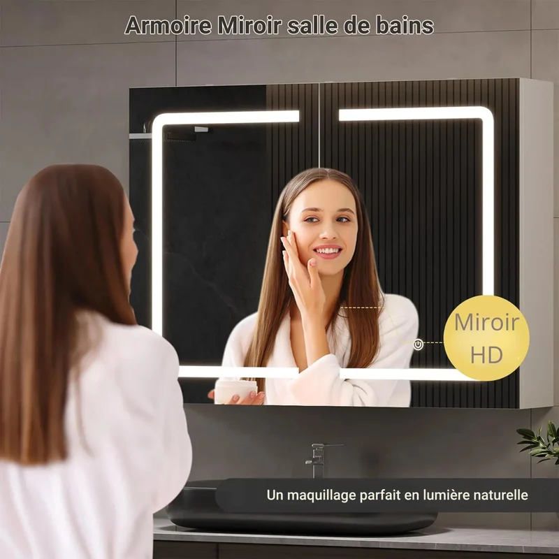 Armoire de Toilette 80 cm avec Miroir LED et 2 Portes