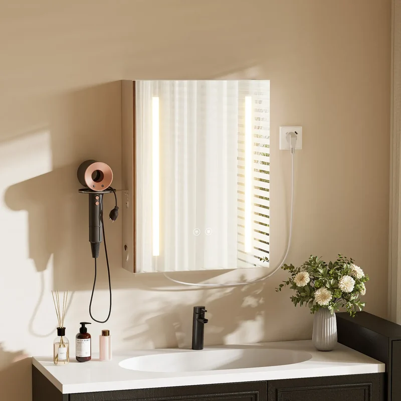 Armoire de Toilette 45 cm avec Prise, USB et Anti-Buée