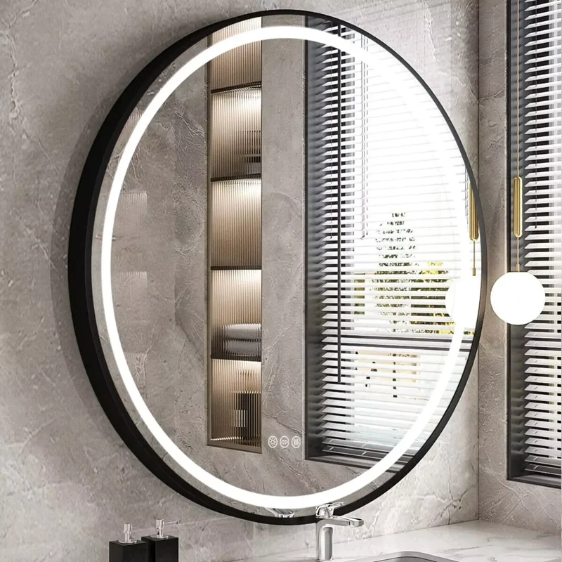 Miroir Rond Lumineux 80 cm : Cadre Noir Fin, LED, IP44