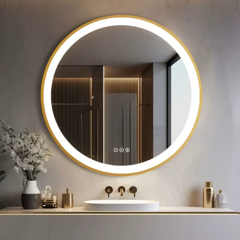 Miroir Lumineux 80 cm : Rond Doré, LED, Prise Standard