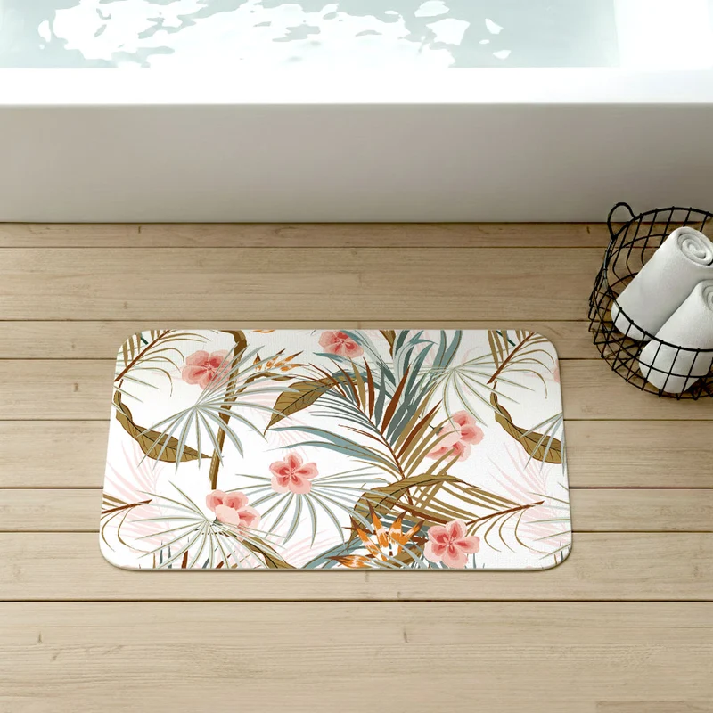 Tapis de bain antidérapant à motif de plantes tropicales - Plusieurs tailles disponibles