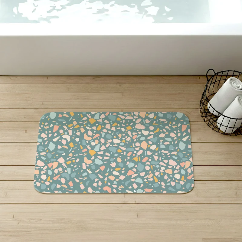 Tapis de bain antidérapant en terrazzo bleu pétrole - Plusieurs tailles disponibles