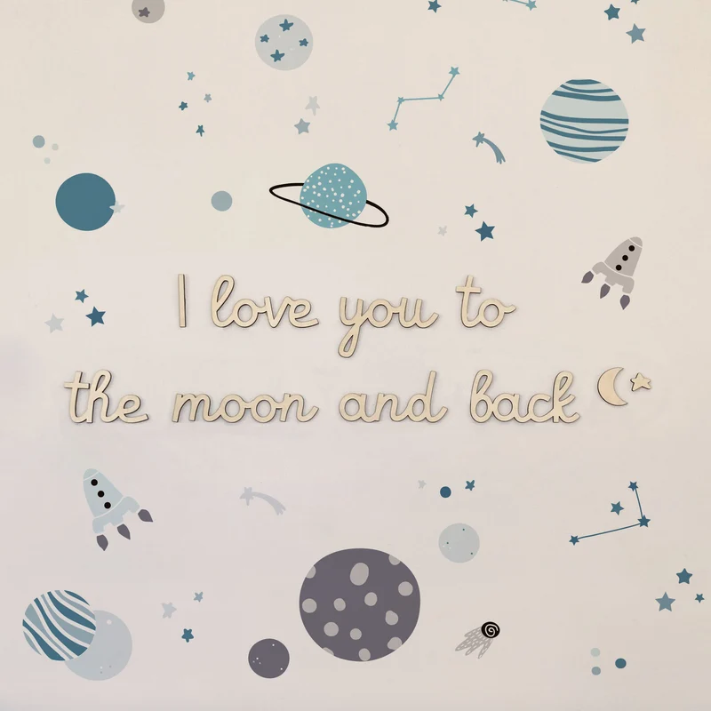 Écriture en bois Je t'aime jusqu'à la lune et retour