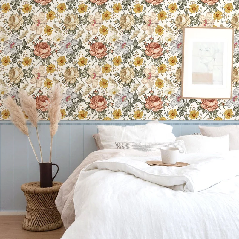 Papier peint Boiserie Fleurs Vintage - Plusieurs tailles disponibles