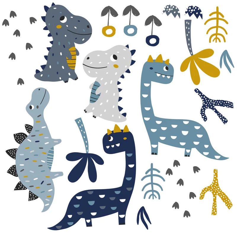 Stickers Adhésifs Dinosaures Bleu et Moutarde