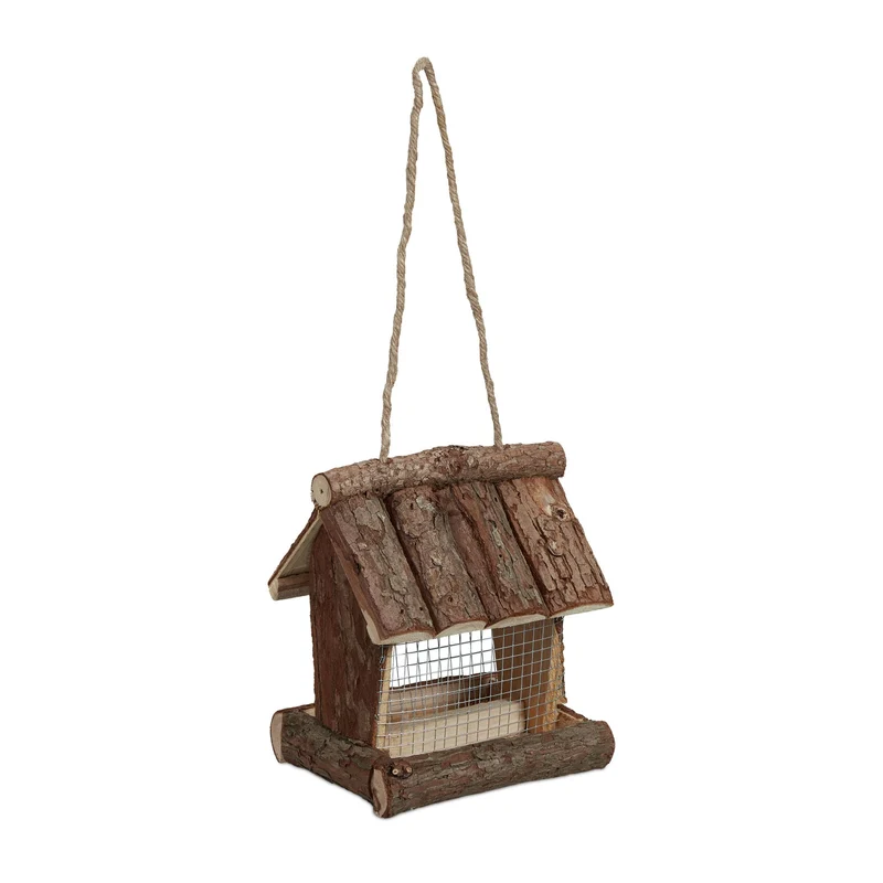 Mangeoire à oiseaux en bois décorative pour jardin balcon terrasse facile à remplir 25 x 25 x 25 cm en écorce marron 13_0009369