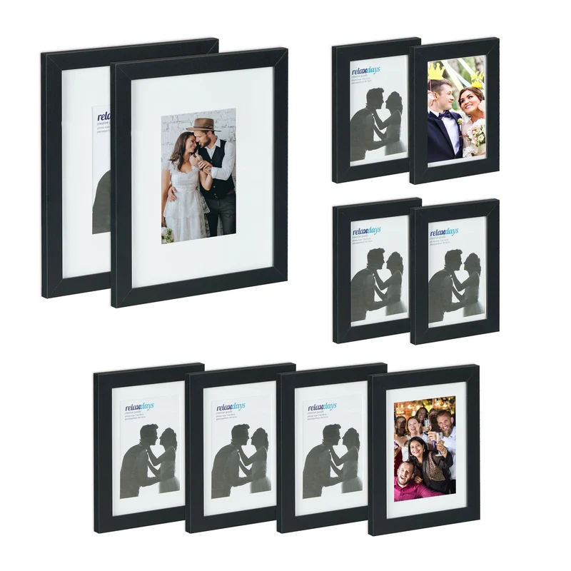 Lot de 10 cadres à photo décoratifs pour murs ou tables 28 x 23 cm finition simple en MDF noir 13_0013262