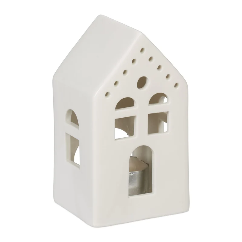 Photophore en forme de maison ambiance cosy déco intérieur 18 x 12 x 12 cm en porcelaine blanche 13_0015195