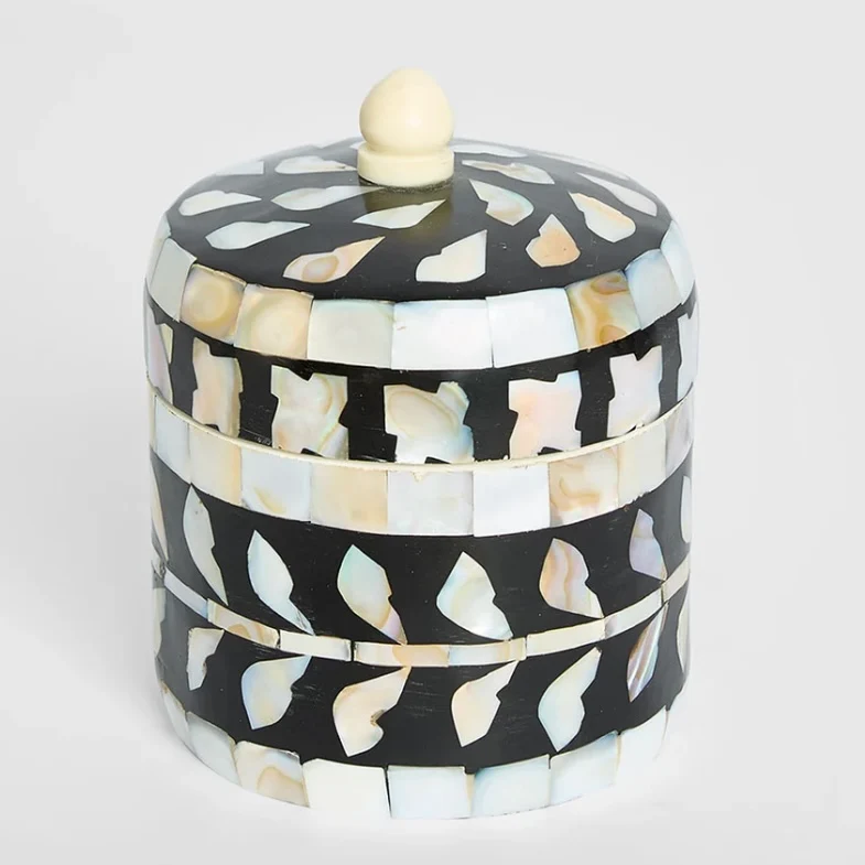 Black Trinket Box Round - Bone Inlay
