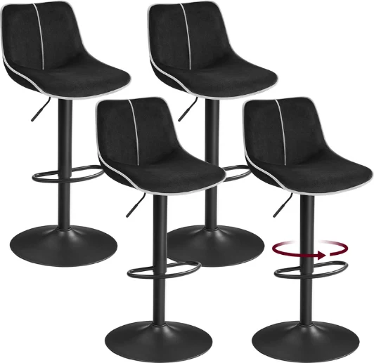 Lot de 4 tabourets de bar pivotants réglables hauteur 49,5 x 45 x 109,5 cm confort ergonomique style moderne en velours noir 12_0012254