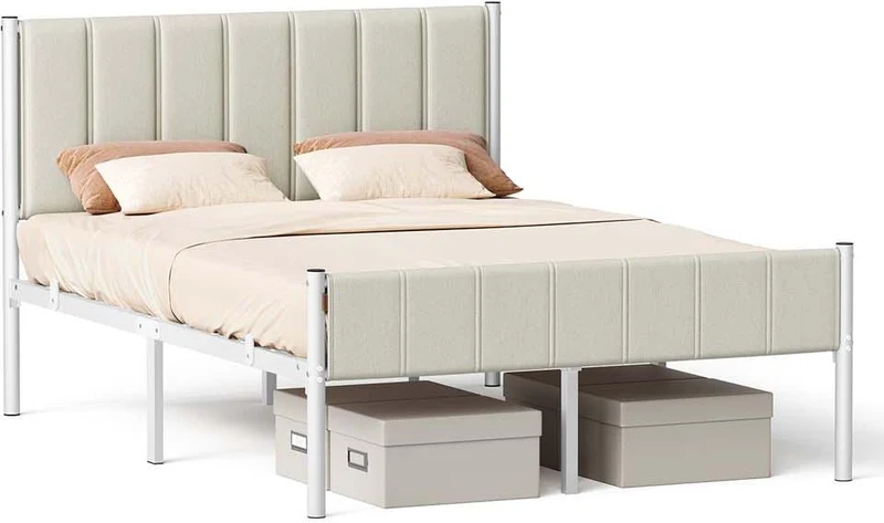 Lit simple avec tête de lit rembourrée 197 x 141,5 x 104 cm montage facile style contemporain en acier beige cappuccino 12_0012115