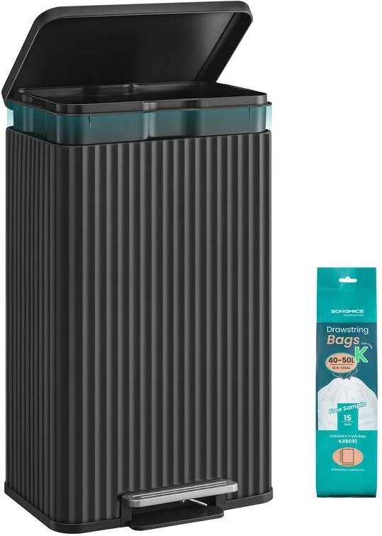Poubelle de cuisine 50 L avec pédale fermeture douce seau intérieur amovible 40,3 x 33,6 x 62,5 cm en acier noir 12_0013008
