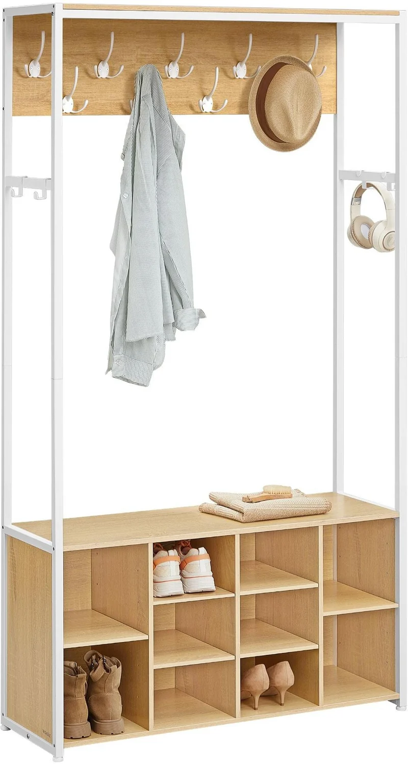 Porte-manteau meuble d'entrée avec étagères réglables 32 x 100 x 180 cm style industriel ambiance cosy en aggloméré blanc nuage 12_0012887