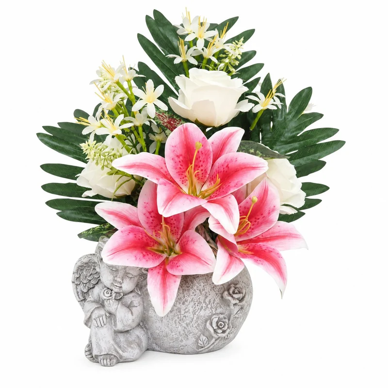 Composition lys, roses et palmes en pot ange cœur ciment – H. 41 cm