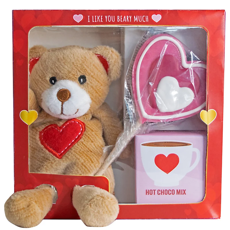 COFFRET LOVELY AVEC PELUCHE ET SUCETTE 75GR ET CHOCO EN POUDRE 20GR