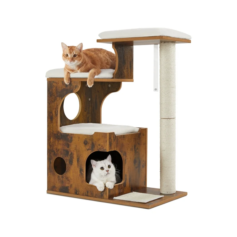 Arbre à chat vintage avec 3 plateformes et 1 grotte 66 x 40 x 86 cm style douillet en MDF marron rustique