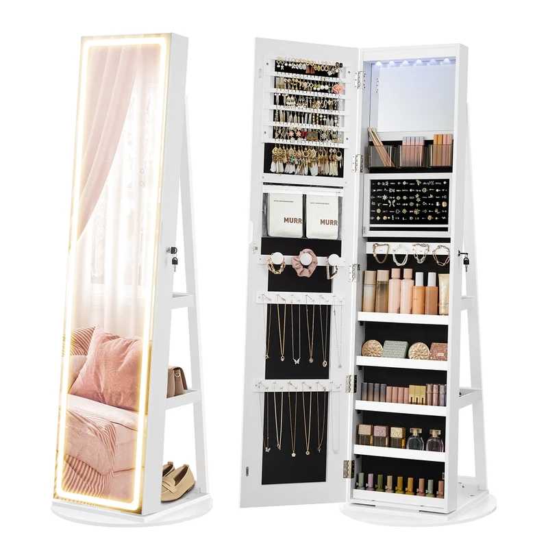 Armoire à bijoux sur pied avec miroir et éclairage réglable