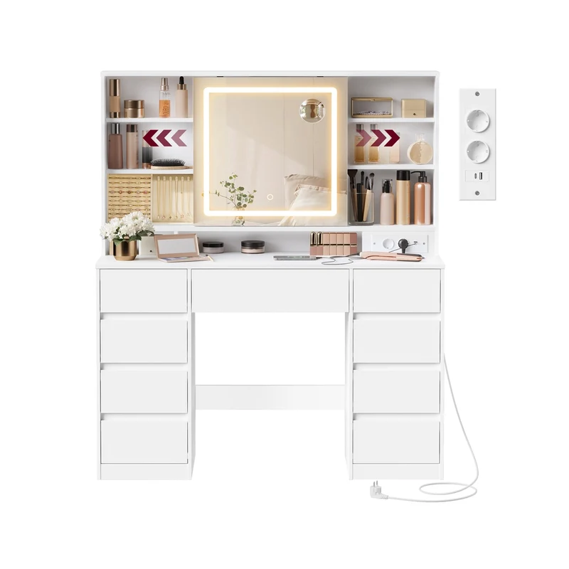Coiffeuse avec miroir lumineux et multiples rangements