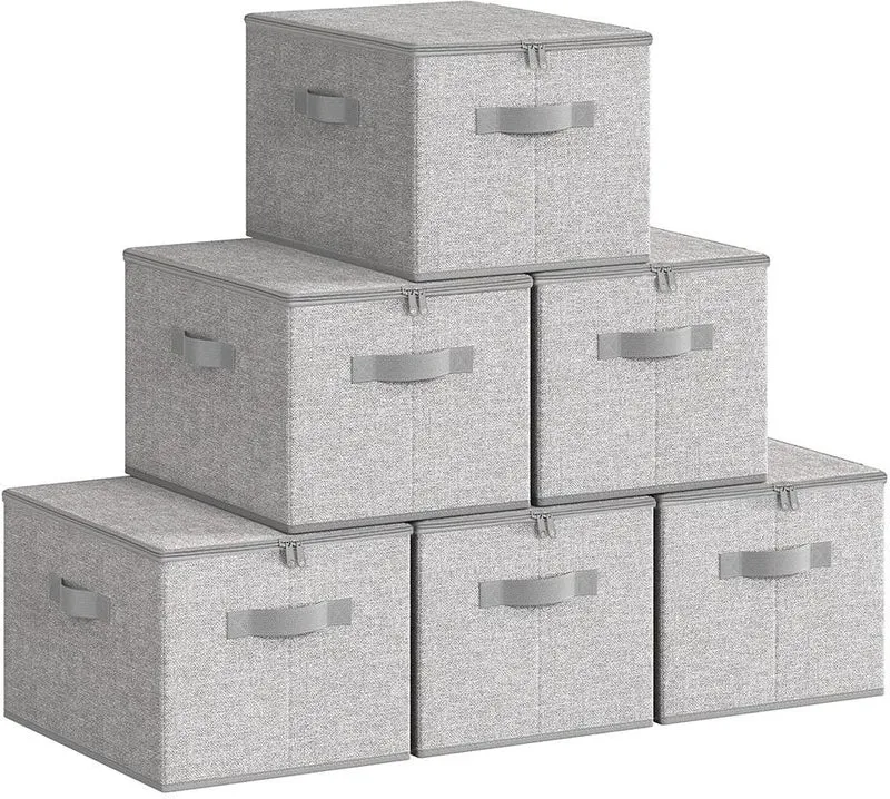 Lot de 6 sacs de rangement pliables avec couvercle 40 x 30 x 25 cm pour jouets vêtements en tissu gris tourterelle 12_0013027