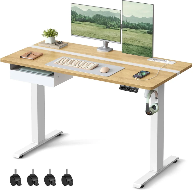 Bureau assis-debout réglable hauteur 60 x 120 cm fonction mémoire 4 positions design rustique en aggloméré chêne 12_0010087