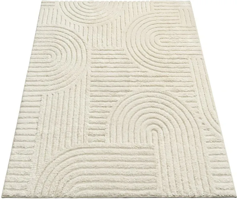 Tapis de salon géométrique relief 3D 170 x 120 x 1 cm lavable antidérapant ambiance cosy en polyester blanc crème 12_0013077