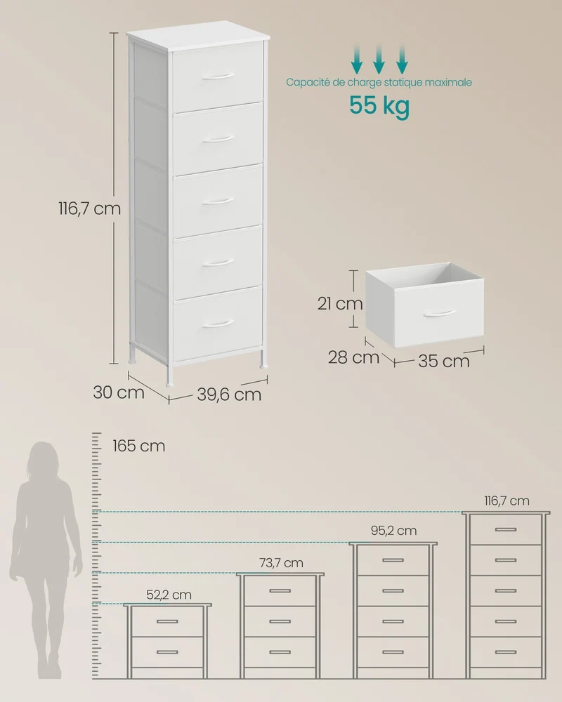 Commode de rangement moderne pour chambre 30 x 39,6 x 116,7 cm finition épurée ambiance cosy en MDF blanc nuage 12_0012519